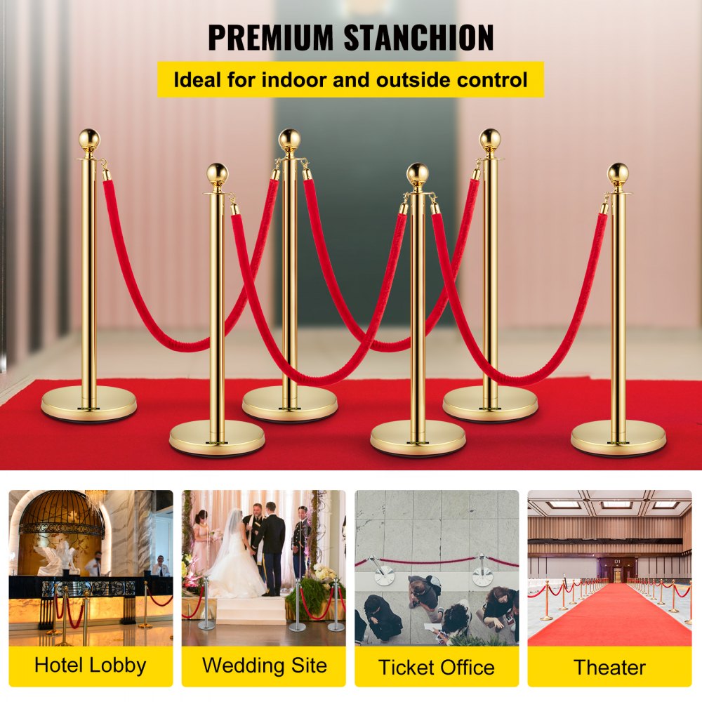 6 PCS Gold Stanchions Posts Stainless Steel Stanchion Queue Post Red Rope Retractable 38In for Both Indoor and Outdoor use.