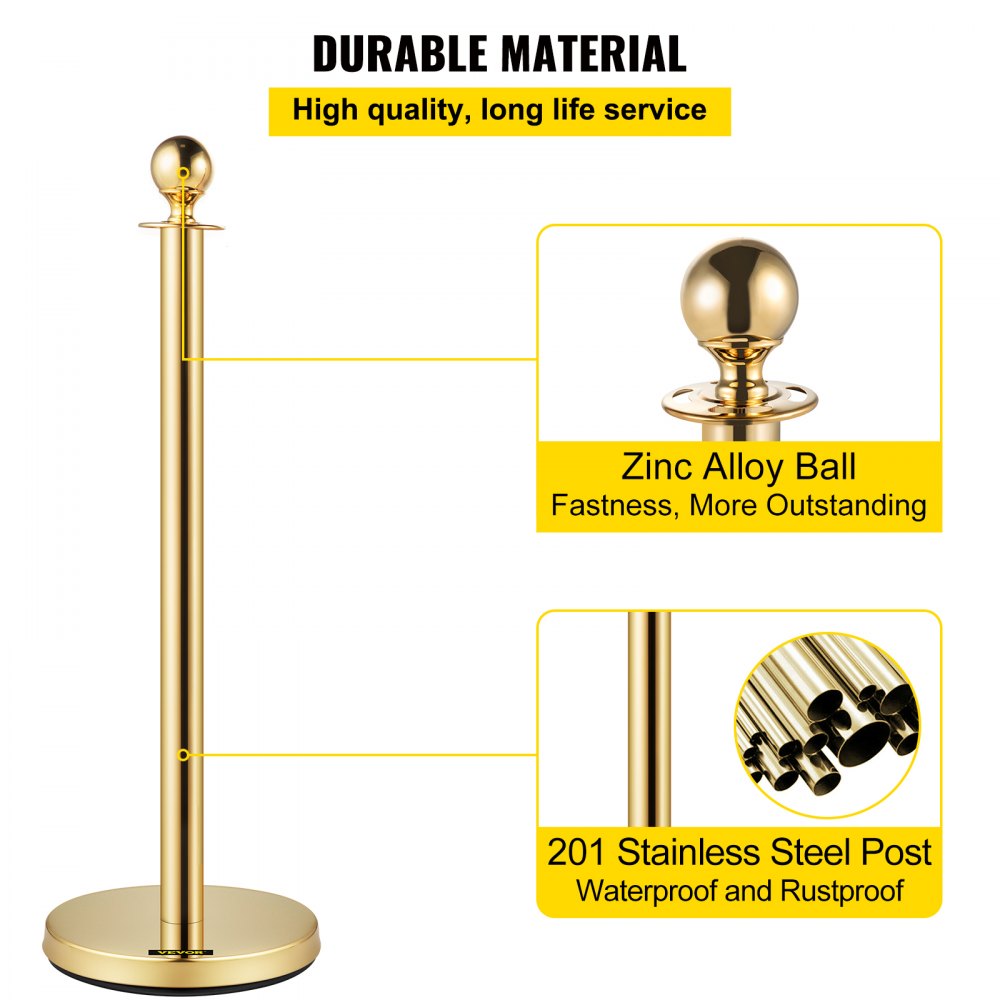 6 PCS Gold Stanchions Posts Stainless Steel Stanchion Queue Post Red Rope Retractable 38In for Both Indoor and Outdoor use.