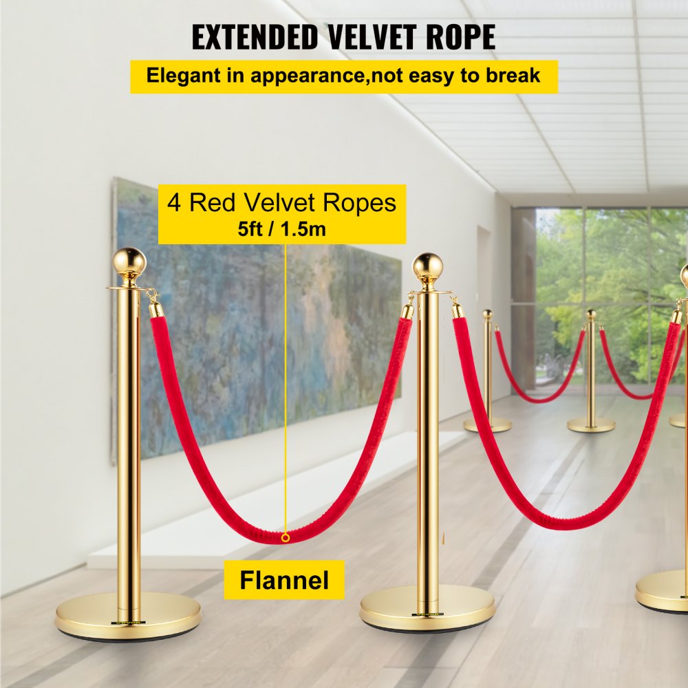6 PCS Gold Stanchions Posts Stainless Steel Stanchion Queue Post Red Rope Retractable 38In for Both Indoor and Outdoor use.