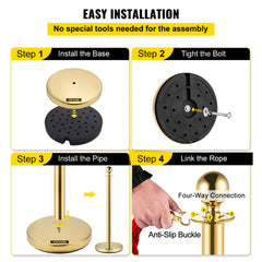 6 PCS Gold Stanchions Posts Stainless Steel Stanchion Queue Post Red Rope Retractable 38In for Both Indoor and Outdoor use.