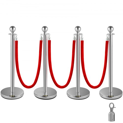 38 Inch Stanchion Posts Queue, Red Velvet Rope (3, Silver)