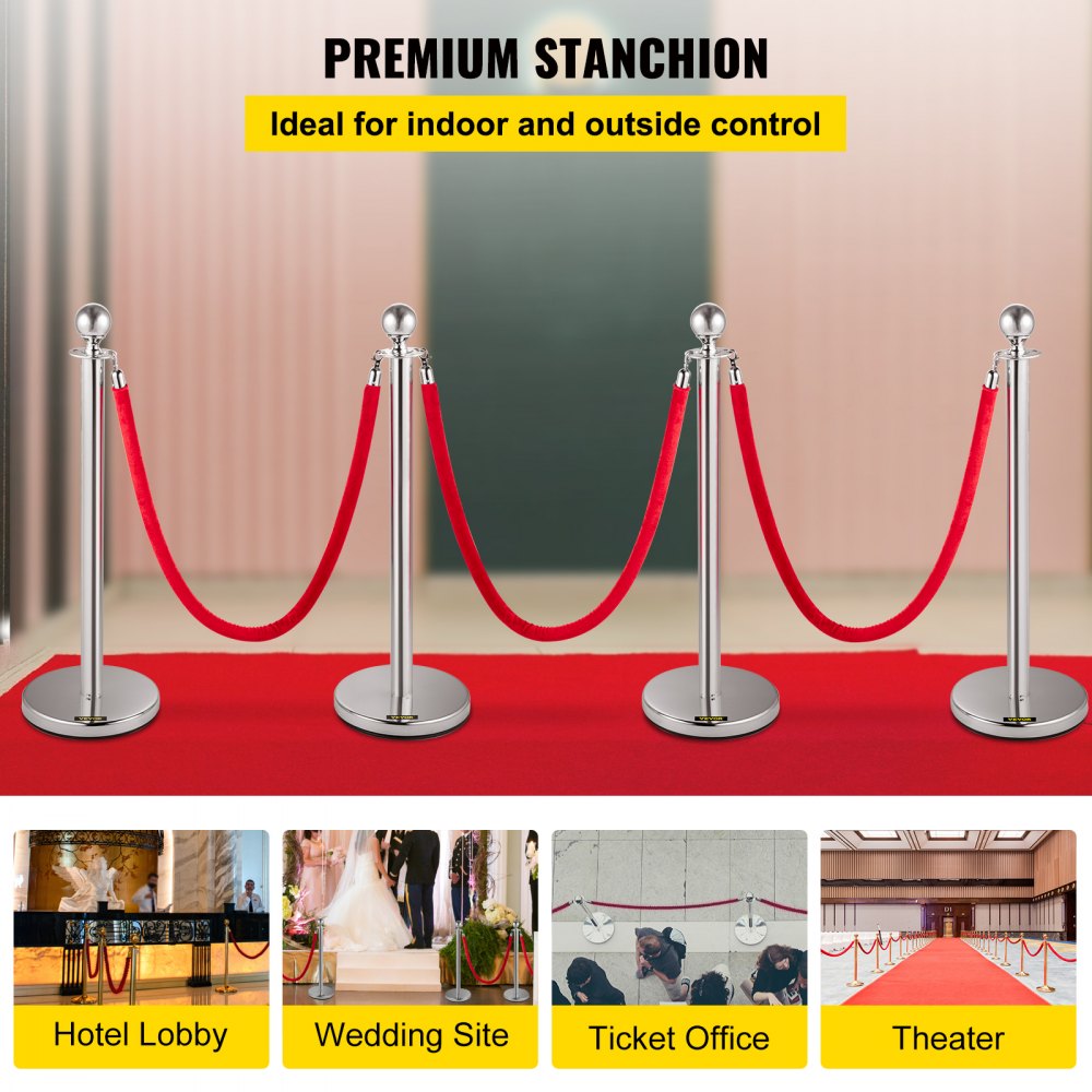 38 Inch Stanchion Posts Queue, Red Velvet Rope (3, Silver)