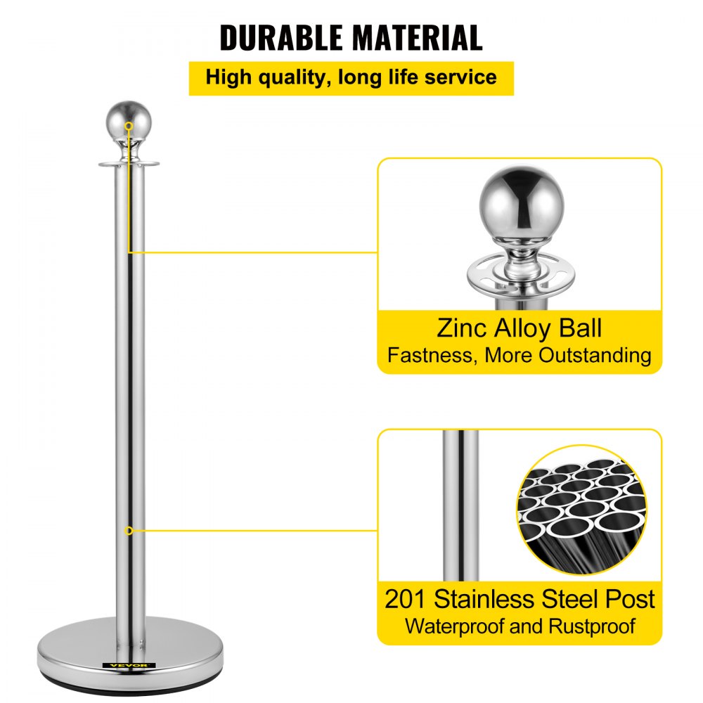 38 Inch Stanchion Posts Queue, Red Velvet Rope (3, Silver)
