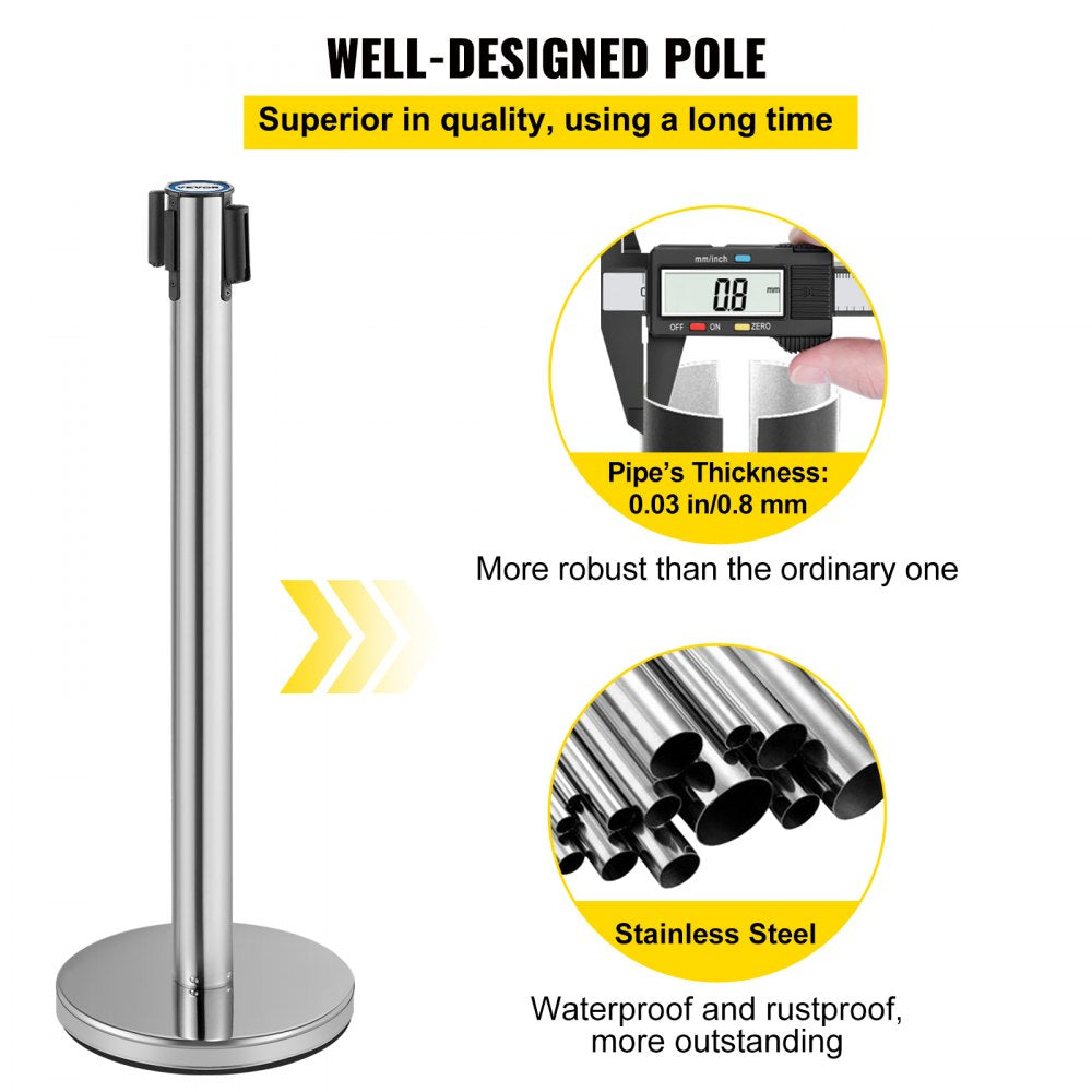 Crowd Control Stanchion, Set of 6 Pieces Stanchion Set, Stanchion Set w/ 6.6 ft/2 m Red Retractable Belt, Crowd Control Barrier w/Rubber Base – Easy Connect Assembly for Crowd Control (Silver)