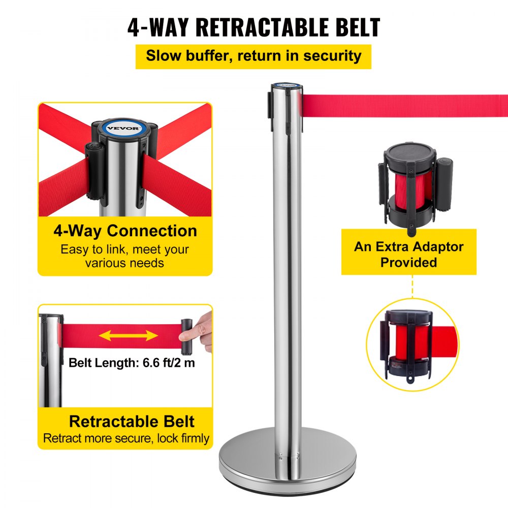 Crowd Control Stanchion, Set of 6 Pieces Stanchion Set, Stanchion Set w/ 6.6 ft/2 m Red Retractable Belt, Crowd Control Barrier w/Rubber Base – Easy Connect Assembly for Crowd Control (Silver)