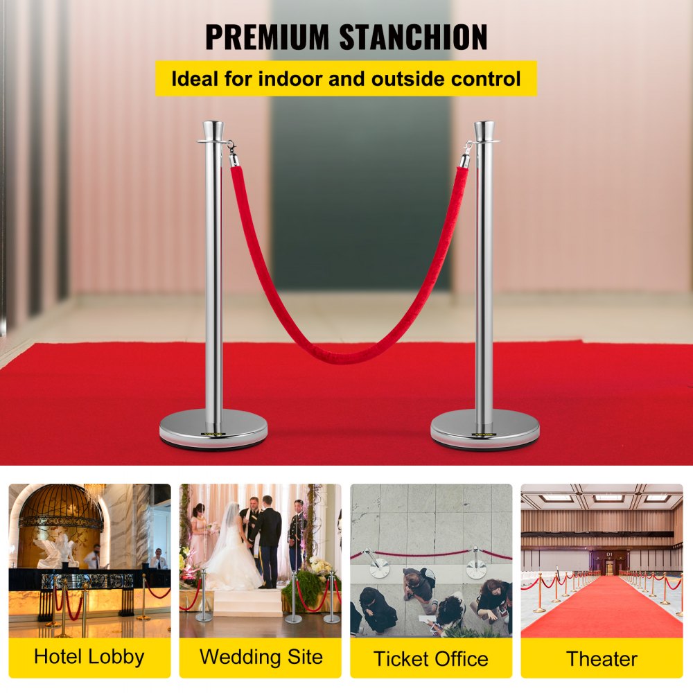 Crowd Control Stanchion, Set of 2 Pieces Stanchion Set, Stanchion Set with 5 ft/1.5 m Red Velvet Rope, Silver Crowd Control Barrier w/Sturdy Concrete and Metal Base - Easy Connect Assembly