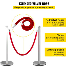 Crowd Control Stanchion, Set of 2 Pieces Stanchion Set, Stanchion Set with 5 ft/1.5 m Red Velvet Rope, Silver Crowd Control Barrier w/Sturdy Concrete and Metal Base - Easy Connect Assembly