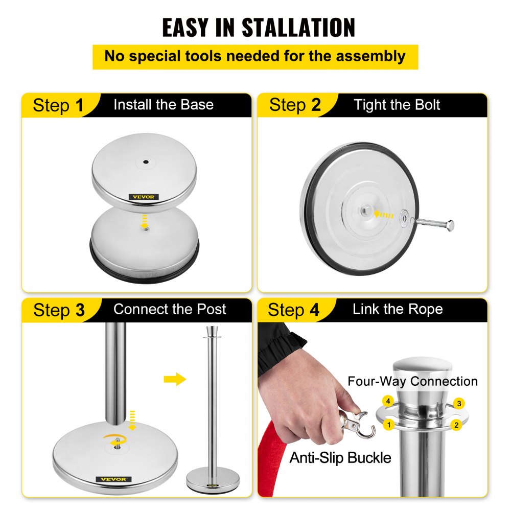 Crowd Control Stanchion, Set of 2 Pieces Stanchion Set, Stanchion Set with 5 ft/1.5 m Red Velvet Rope, Silver Crowd Control Barrier w/Sturdy Concrete and Metal Base - Easy Connect Assembly