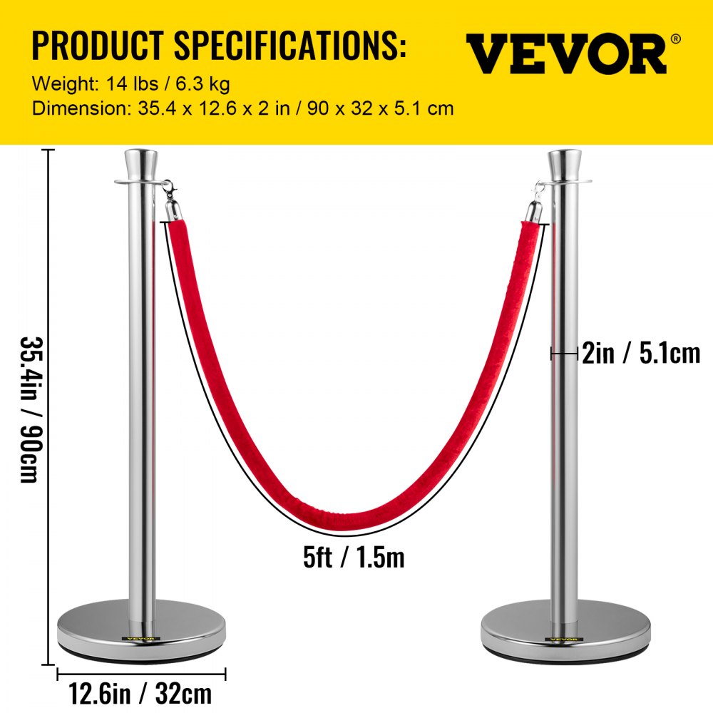 Crowd Control Stanchion, Set of 2 Pieces Stanchion Set, Stanchion Set with 5 ft/1.5 m Red Velvet Rope, Silver Crowd Control Barrier w/Sturdy Concrete and Metal Base - Easy Connect Assembly