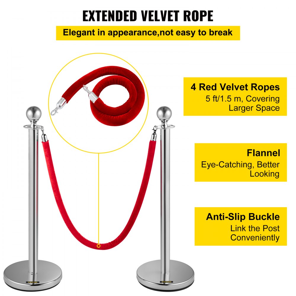 Crowd Control Stanchion, Set of 8 Pieces Stanchion Set, Stanchion Set with 5 ft/1.5 m Red Velvet Rope, Silver Crowd Control Barrier w/ Sturdy Concrete and Metal Base – Easy Connect Assembly