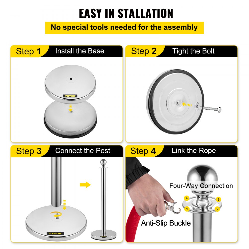 Crowd Control Stanchion, Set of 8 Pieces Stanchion Set, Stanchion Set with 5 ft/1.5 m Red Velvet Rope, Silver Crowd Control Barrier w/ Sturdy Concrete and Metal Base – Easy Connect Assembly