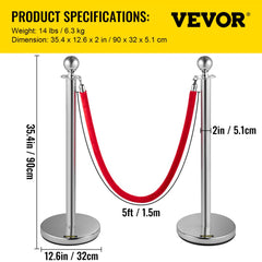 Crowd Control Stanchion, Set of 8 Pieces Stanchion Set, Stanchion Set with 5 ft/1.5 m Red Velvet Rope, Silver Crowd Control Barrier w/ Sturdy Concrete and Metal Base – Easy Connect Assembly