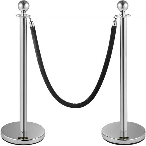Crowd Control Stanchion, Set of 2 Pieces Stanchion, Stanchion Set with 5 ft/1.5 m Black Velvet Rope, Silver Crowd Control Barrier w/Sturdy Concrete and Metal Base – Easy Connect Assembly
