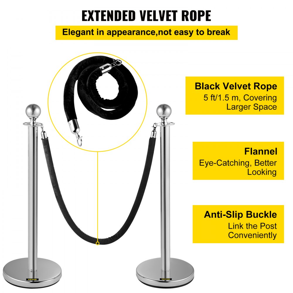 Crowd Control Stanchion, Set of 2 Pieces Stanchion, Stanchion Set with 5 ft/1.5 m Black Velvet Rope, Silver Crowd Control Barrier w/Sturdy Concrete and Metal Base – Easy Connect Assembly