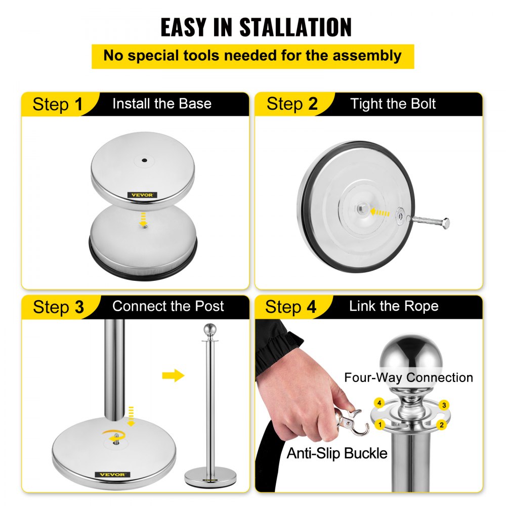 Crowd Control Stanchion, Set of 2 Pieces Stanchion, Stanchion Set with 5 ft/1.5 m Black Velvet Rope, Silver Crowd Control Barrier w/Sturdy Concrete and Metal Base – Easy Connect Assembly
