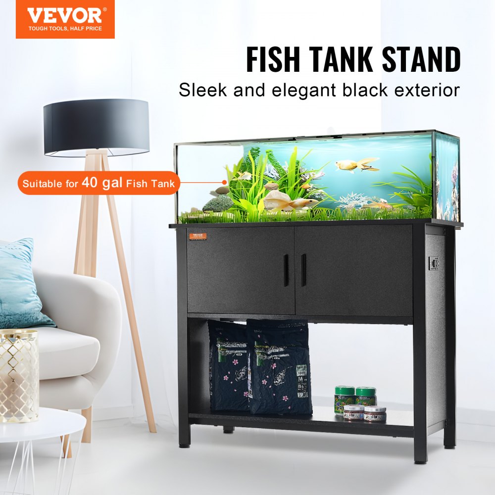 Aquarium Stand, 40 Gallon Fish Tank Stand, 36.6 x 18.9 x 31.5 in Steel and MDF Turtle Tank Stand, 335 lbs Load Capacity, Reptile Tank Stand with Storage Cabinet and Embedded Power Panel, Black
