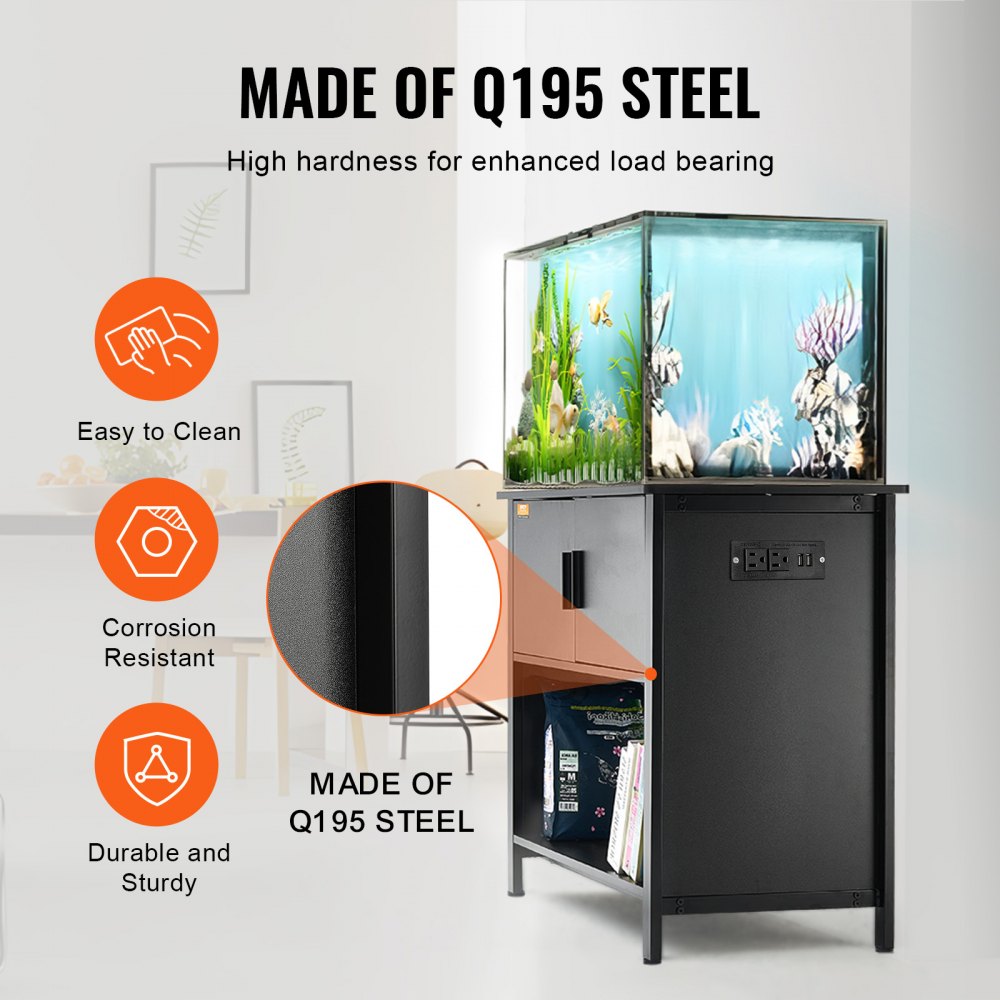 Aquarium Stand, 40 Gallon Fish Tank Stand, 36.6 x 18.9 x 31.5 in Steel and MDF Turtle Tank Stand, 335 lbs Load Capacity, Reptile Tank Stand with Storage Cabinet and Embedded Power Panel, Black