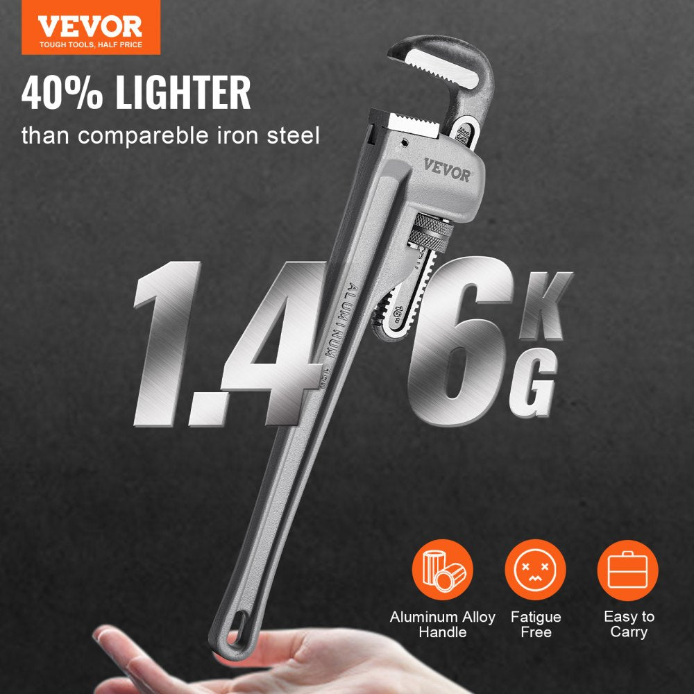 18-inch aluminum straight pipe wrench with adjustable jaw and ergonomic handle on hand background