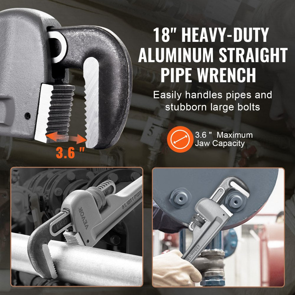 Bostome 18 inch aluminum straight pipe wrench with adjustable jaw and ergonomic handle.