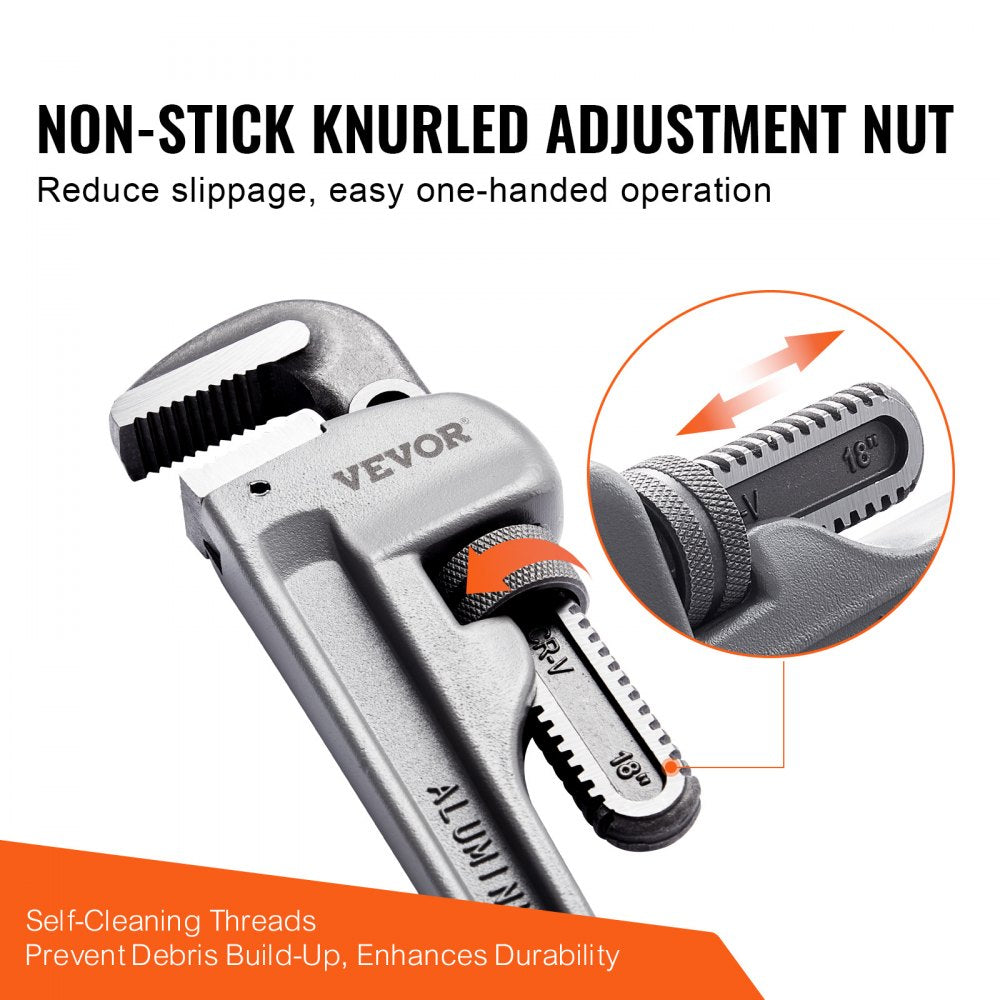 18-inch aluminum straight pipe wrench with adjustable non-stick knurled nut and self-cleaning threads