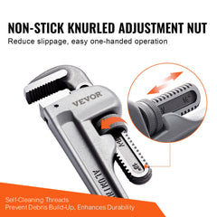 18-inch aluminum straight pipe wrench with adjustable non-stick knurled nut and self-cleaning threads
