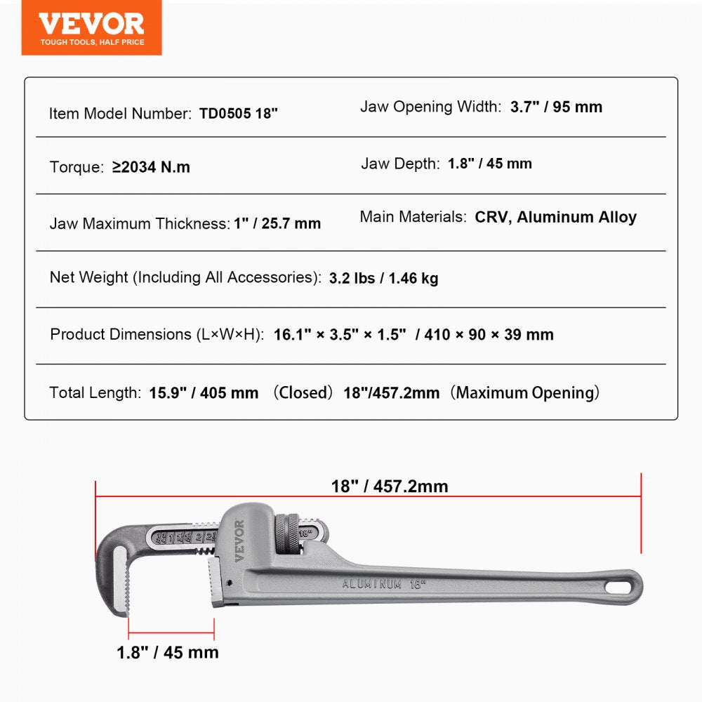 18-inch aluminum straight pipe wrench with adjustable jaws and ergonomic handle for plumbing tasks