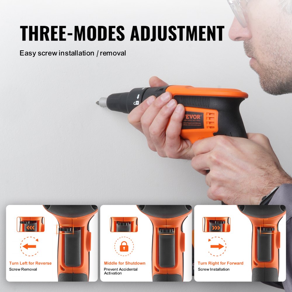 Orange Bostome 20V cordless drywall screw gun with three-mode adjustment, held by a worker screwing into a wall.