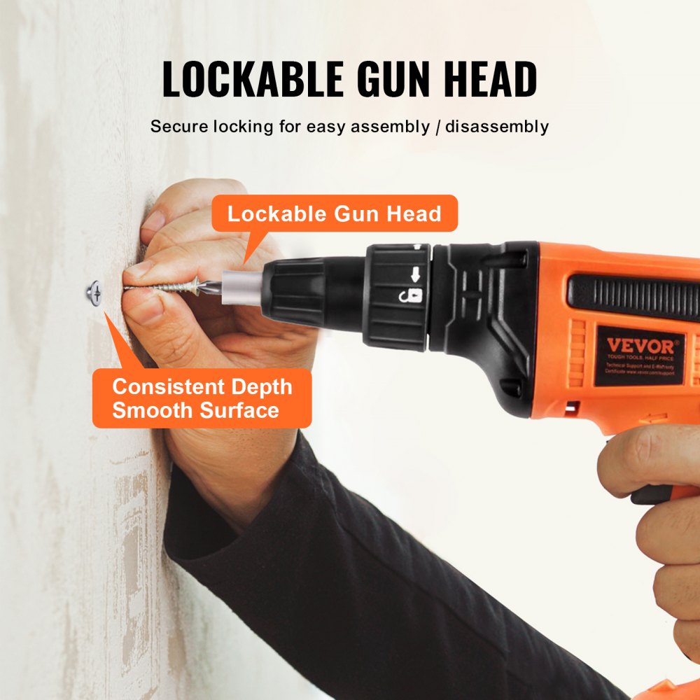 Orange Bostome 20V cordless drywall screw gun with lockable head, shown assembling and drilling into wall.