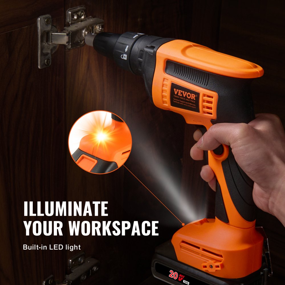Orange Bostome 20V cordless drywall screw gun with brushless motor, LED light, and battery, shown in use on a wooden cabinet door.