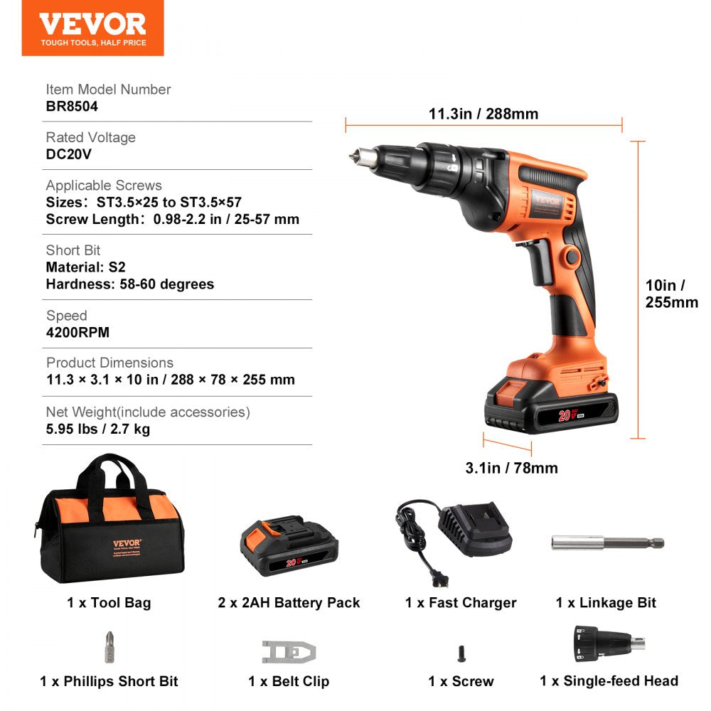 Orange 20V cordless brushless drywall screw gun kit with batteries, charger, and tool bag.