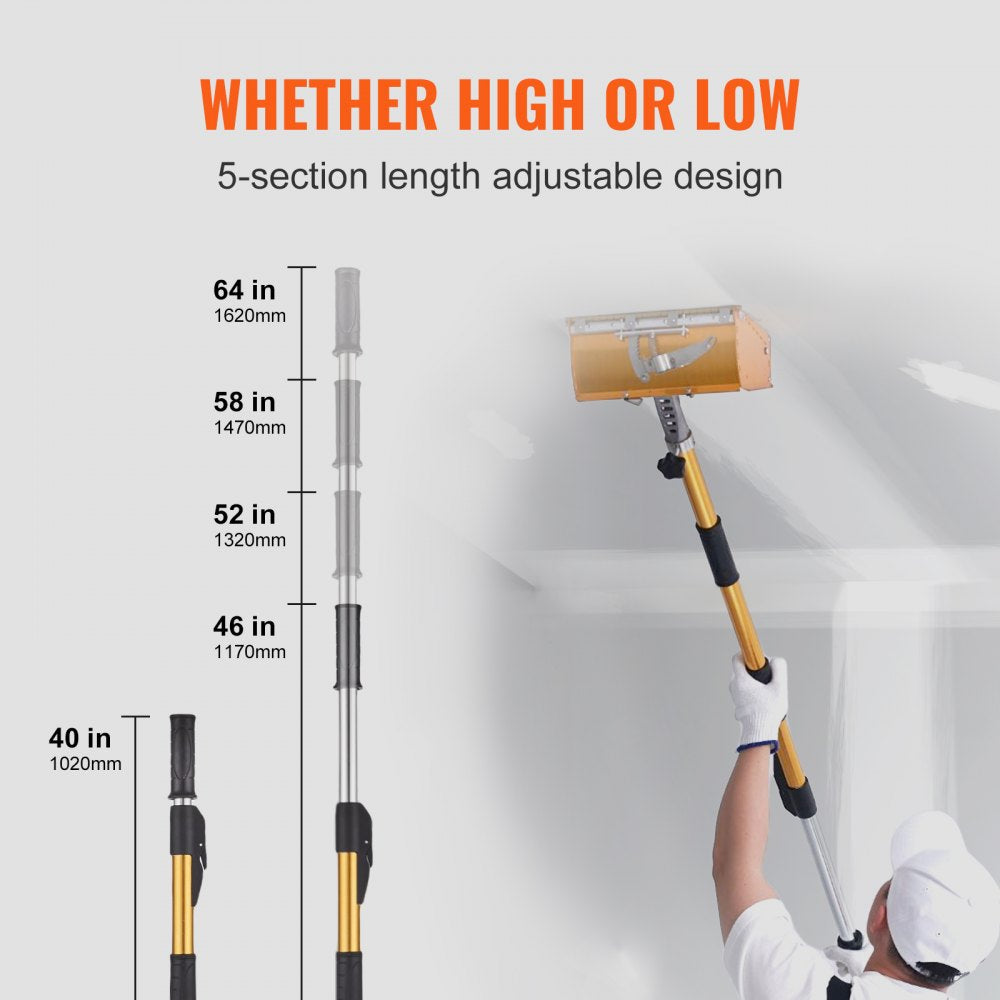 Adjustable anodized aluminum drywall flat box handle extending from 40 to 64 inches with 5 sections.