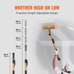 Adjustable anodized aluminum drywall flat box handle extending from 40 to 64 inches with 5 sections.