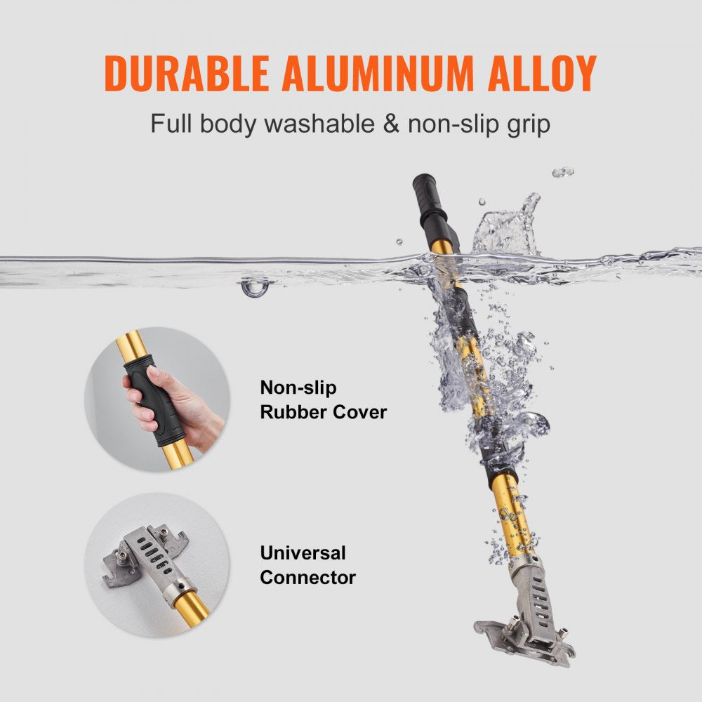 Adjustable anodized aluminum drywall flat box handle, 40-64 inches, with non-slip grip and universal connector.