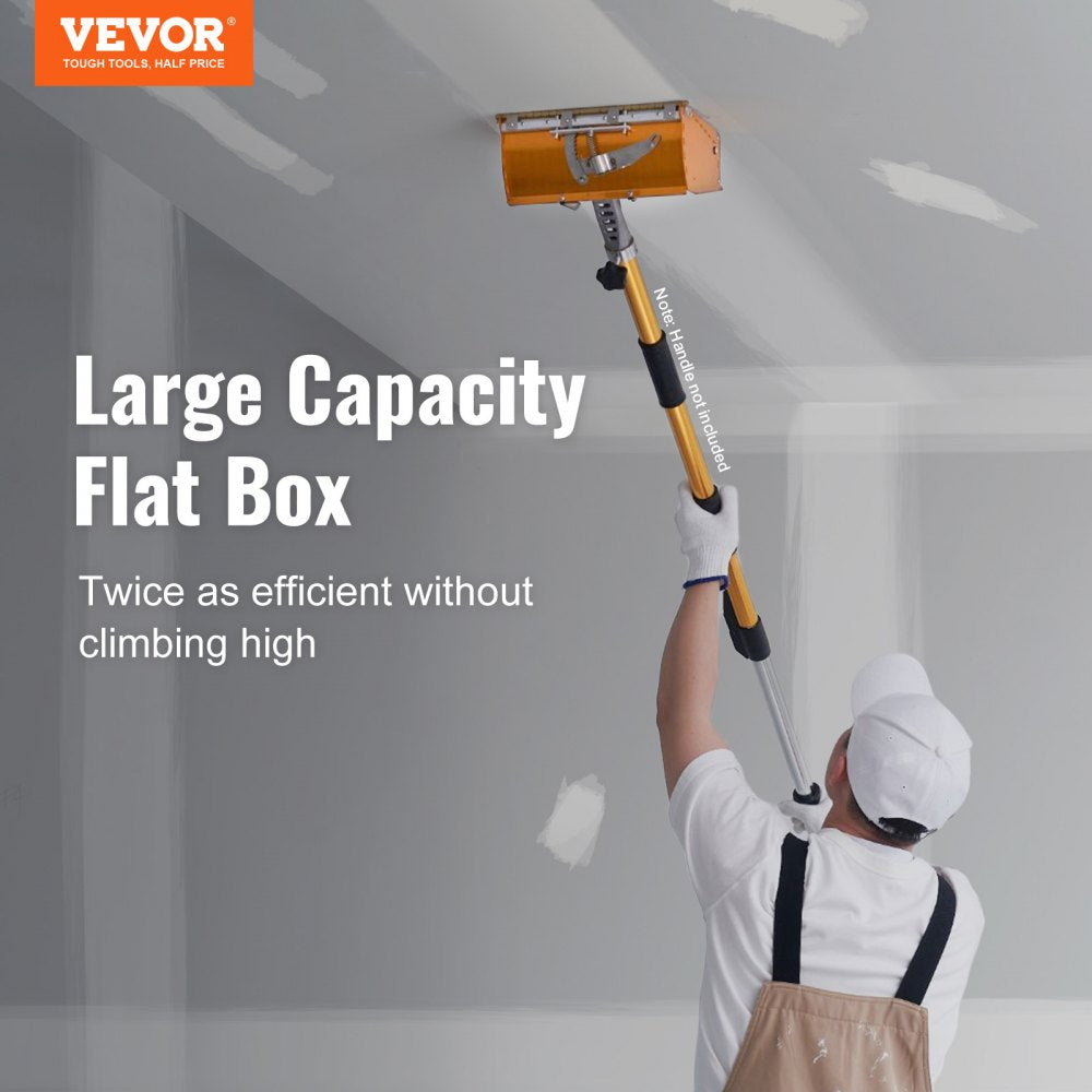 A worker uses a 10-inch aluminum drywall flat box with mudguard and blades on a ceiling.