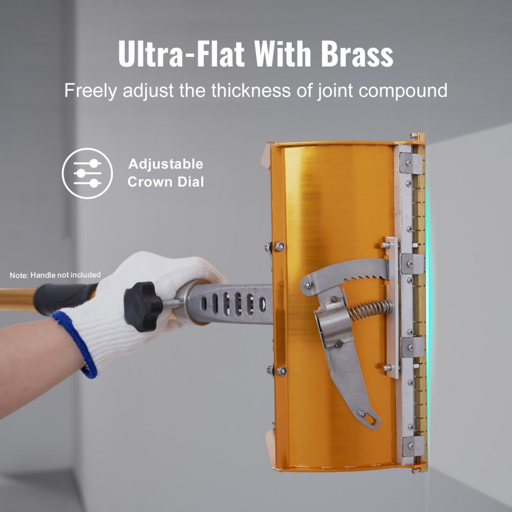 10-inch aluminum drywall flat box with brass dial, mudguard, and blades, held by gloved hand.