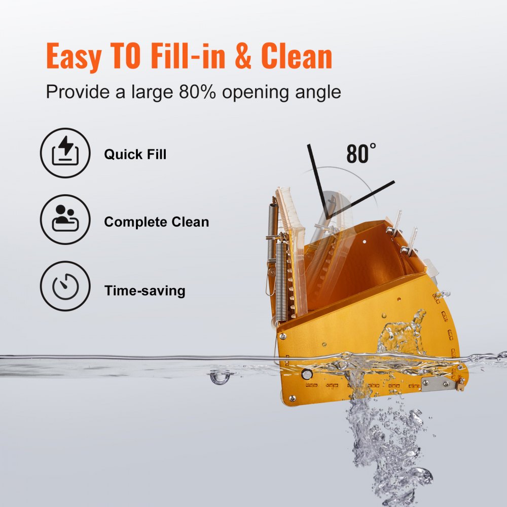 Yellow 10-inch aluminum drywall flat box with 80-degree opening angle, mudguard, and blades, shown filling and cleaning.