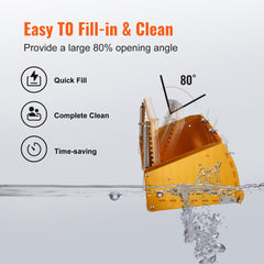 Yellow 10-inch aluminum drywall flat box with 80-degree opening angle, mudguard, and blades, shown filling and cleaning.
