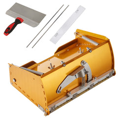 10-inch aluminum drywall flat box with red-handled trowel, stainless blades, mudguard, and rods.