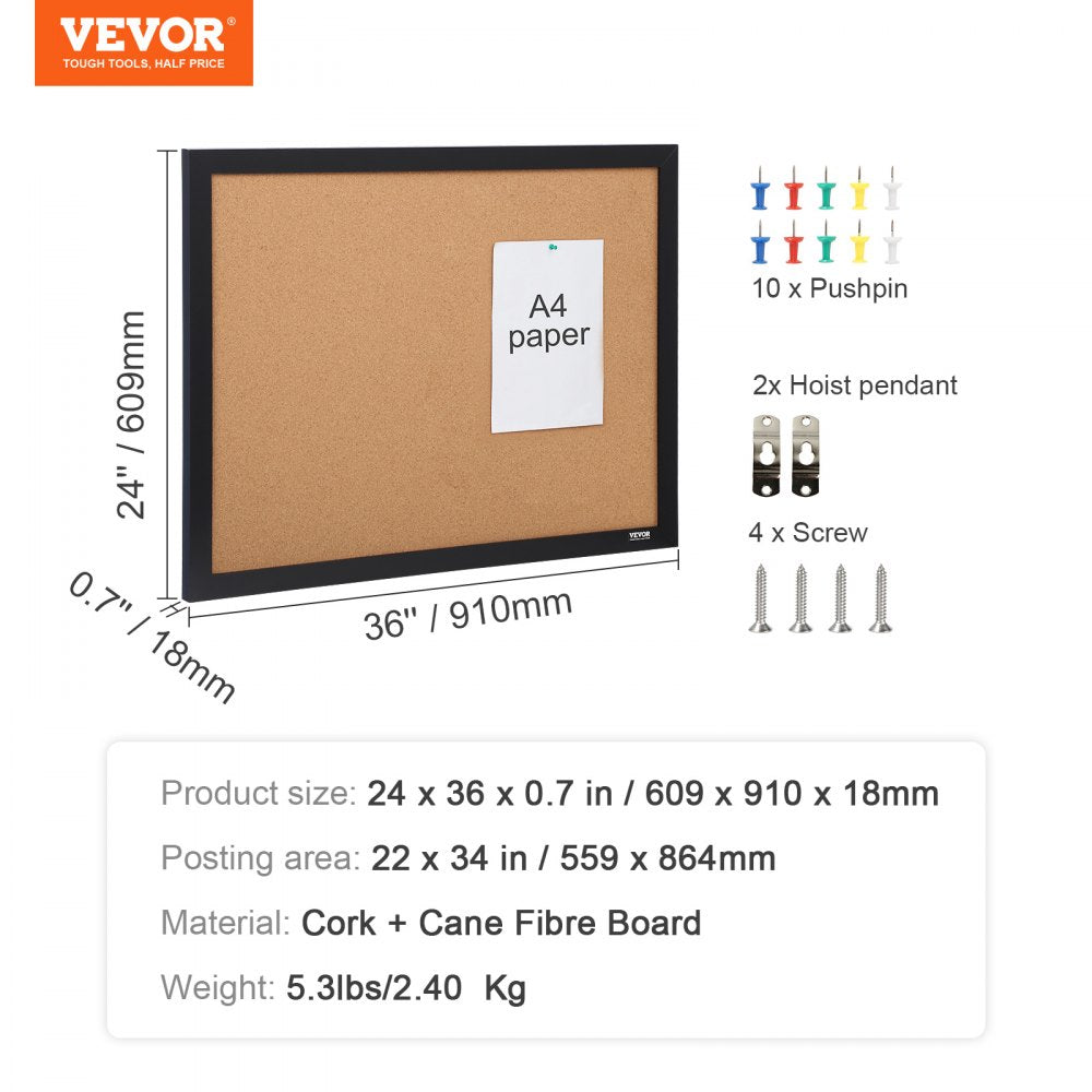 Cork Board, 36x24 inches Bulletin Board with MDF Sticker Frame, Vision Board Includes 10 Pushpins, for Display and Decoration in Office Home and School