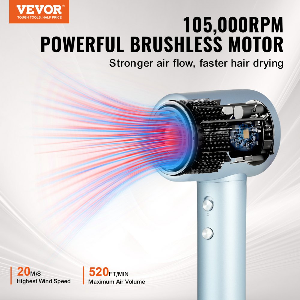 High-Speed Hair Dryer with 105,000RPM Brushless Motor, 200 Million Negative Ions Hair Blow Dryer, 4 Temps & 3 Speeds, LCD Display Thermo-Control Hairdryer with Diffuser & Nozzle for Home Travel