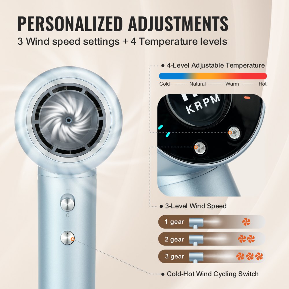 High-Speed Hair Dryer with 105,000RPM Brushless Motor, 200 Million Negative Ions Hair Blow Dryer, 4 Temps & 3 Speeds, LCD Display Thermo-Control Hairdryer with Diffuser & Nozzle for Home Travel