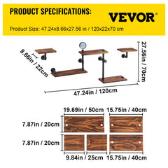 Industrial Pipe Shelving, Pipe Shelves with 5-Tier Wood Planks, Rustic Floating Shelves Wall Mounted, Wall Shelf DIY Bookshelf for Bar Kitchen Bathroom Farmhouse Living Room, 47x28x9 inch