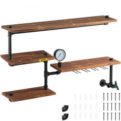 Iron Pipes Shelving, Industrial Steel Pipe Shelf w/ 4-Tier Wood Planks, Wall Mounted Modern Rustic Floating Shelves, DIY Storage Bracket for Bathroom, Bookshelf, Kitchen, and Home Decor