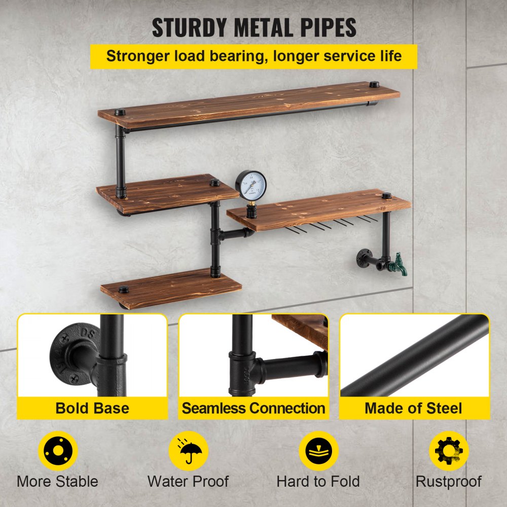 Iron Pipes Shelving, Industrial Steel Pipe Shelf w/ 4-Tier Wood Planks, Wall Mounted Modern Rustic Floating Shelves, DIY Storage Bracket for Bathroom, Bookshelf, Kitchen, and Home Decor