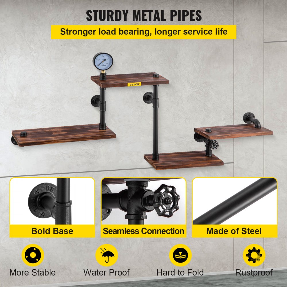 Industrial Pipe Shelving, Pipe Shelves with 4-Tier Wood Planks, Rustic Floating Shelves Wall Mounted, Wall Shelf DIY Bookshelf for Bar Kitchen Bathroom Farmhouse Living Room, 51x25x9 inch
