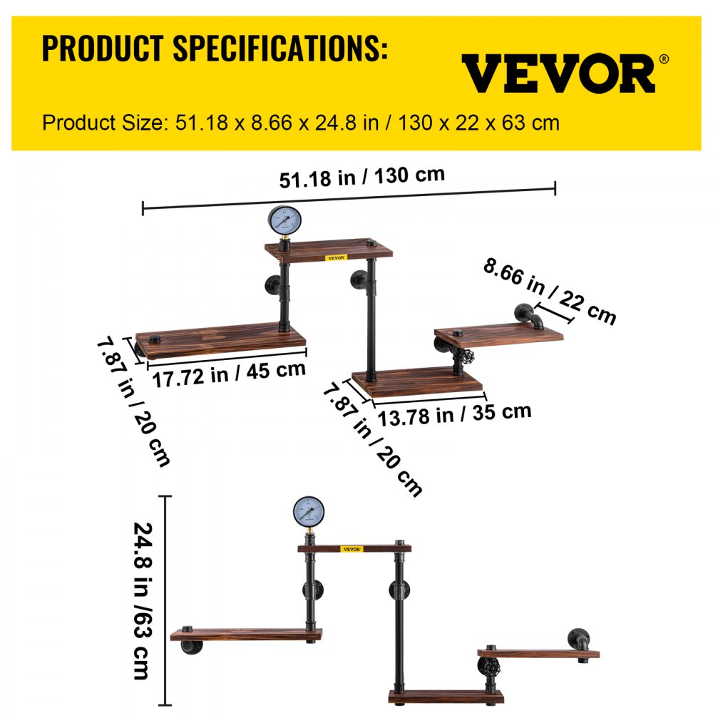 Industrial Pipe Shelving, Pipe Shelves with 4-Tier Wood Planks, Rustic Floating Shelves Wall Mounted, Wall Shelf DIY Bookshelf for Bar Kitchen Bathroom Farmhouse Living Room, 51x25x9 inch
