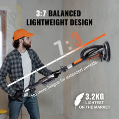 Man using Bostome 800W brushless drywall sander with extendable pole and orange accents.