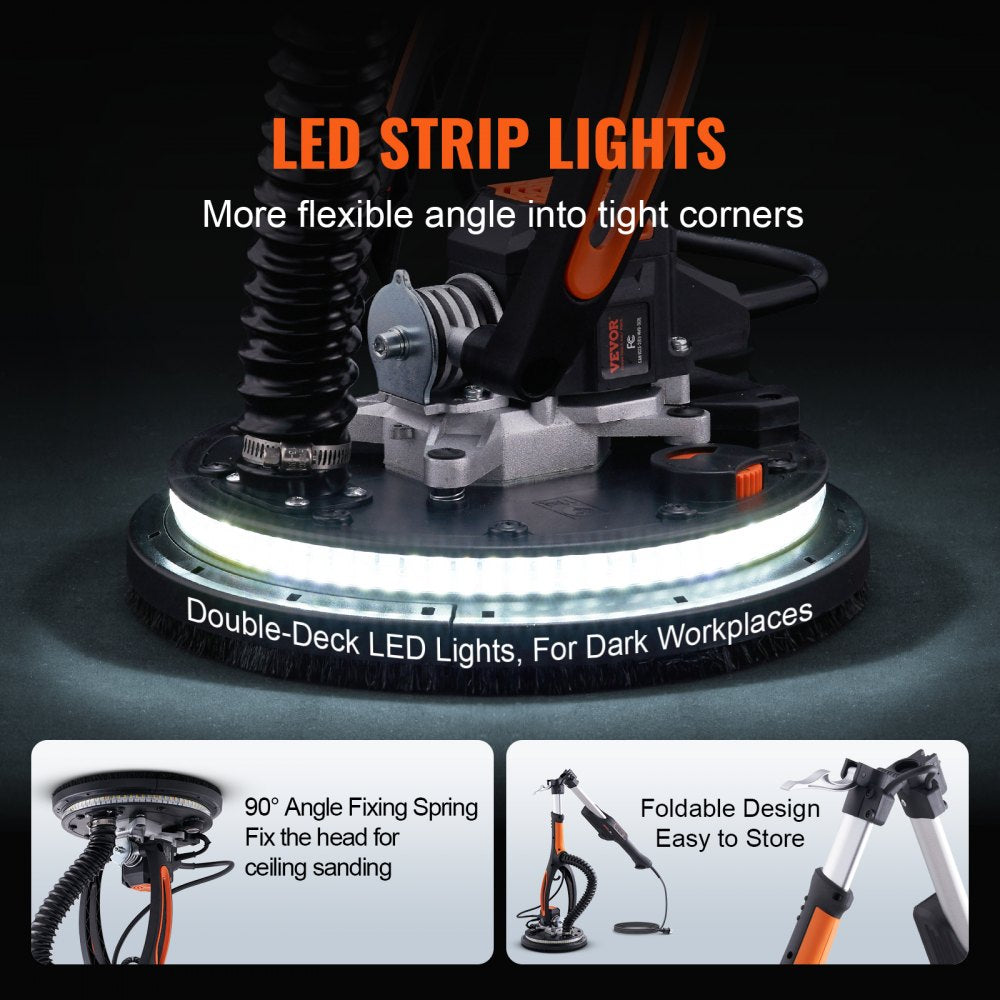 Bostome 800W brushless drywall sander with foldable design, LED lights, and variable speed up to 2300 RPM.