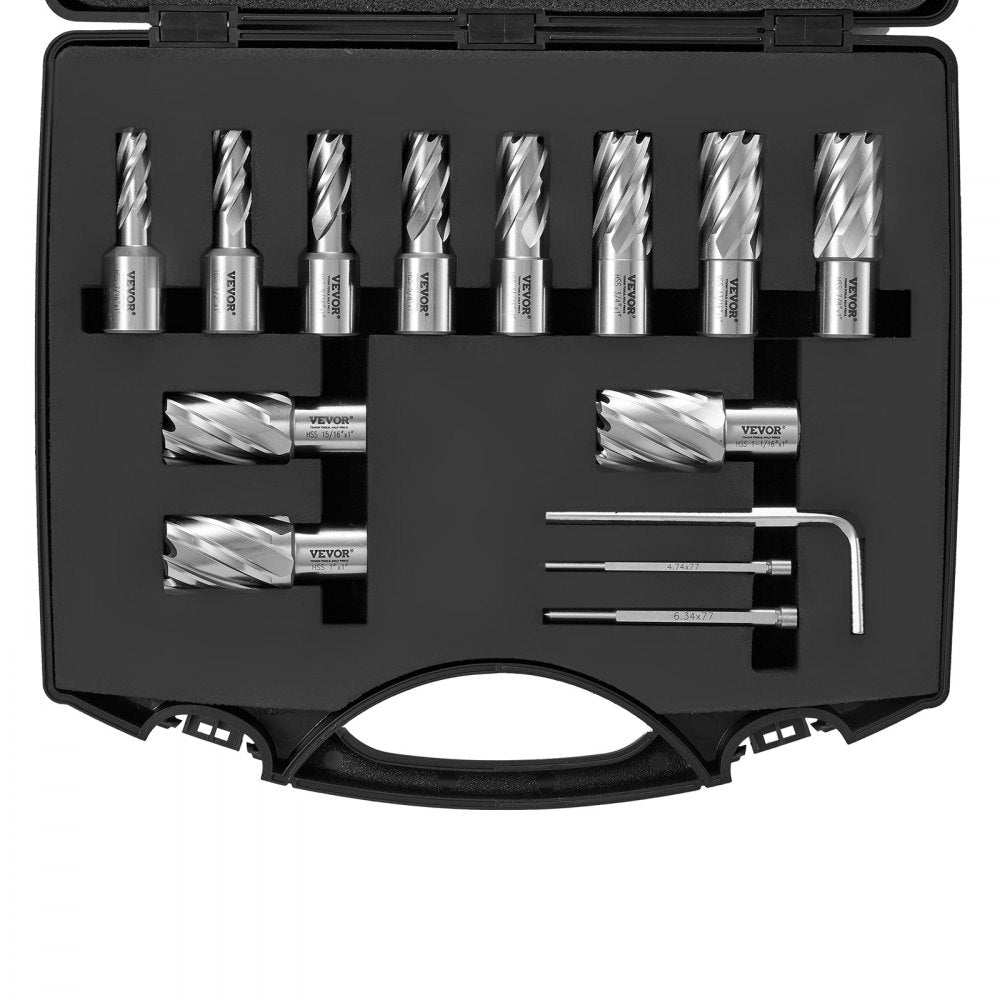 A 13-piece Bostome annular cutter set with various sizes and accessories in a black case.