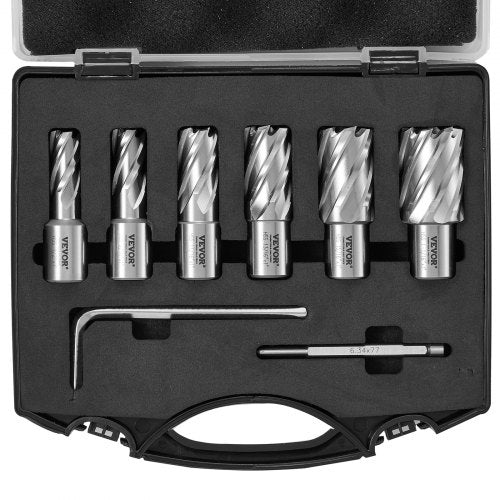 Six-piece Bostome annular cutter set with M2AL HSS Weldon shank drill bits in a portable case.